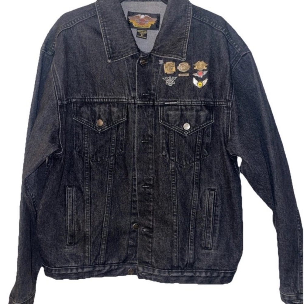 Harley Davidson Jacket Size Mens M Denim Trucker Riding Black with pins